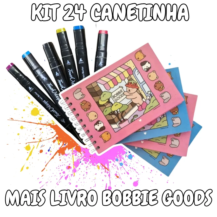 Kit 24 Canetinhas Com Livro De Colorir Capa Dura Marca Texto Duas Pontas Bobbie Goods Stitch