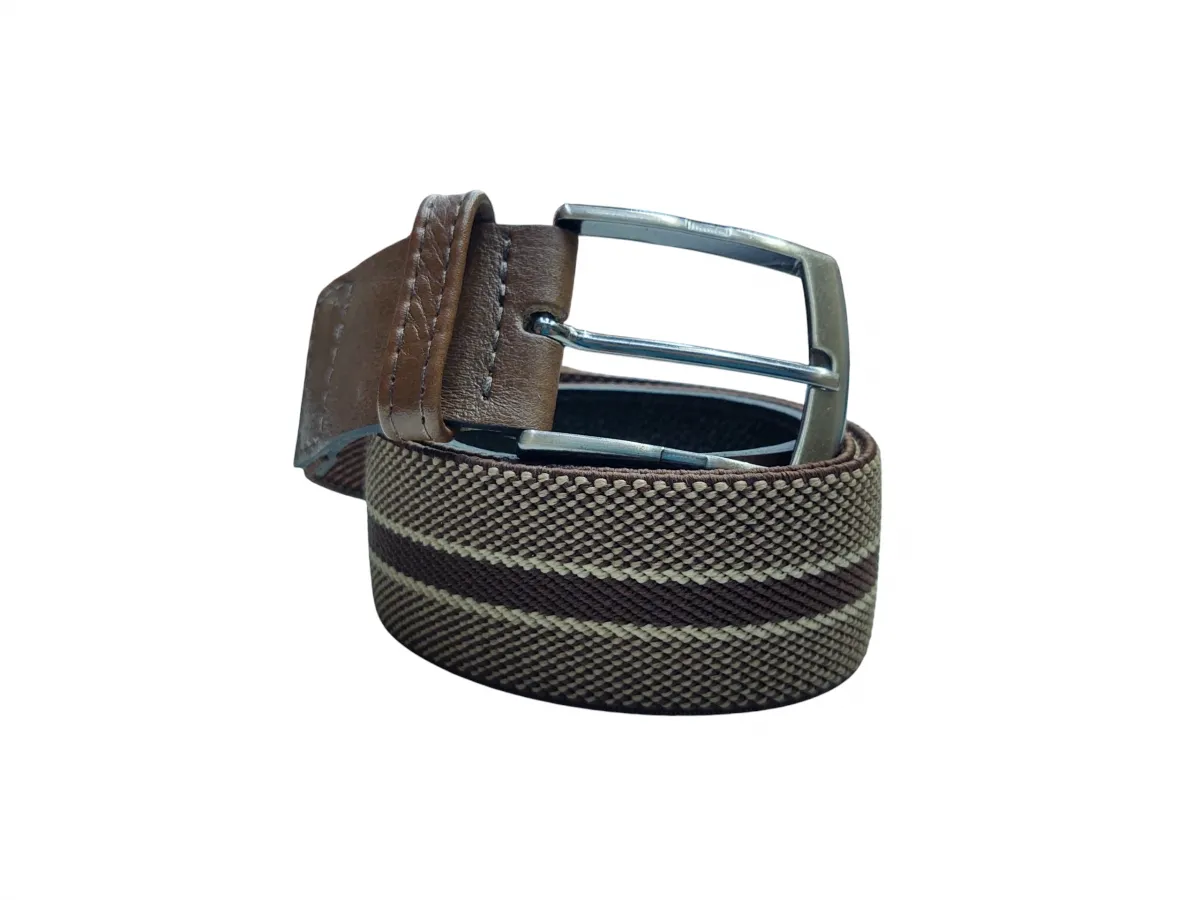 Ref: CE02 - Cinto Esporte Elástico - Cor Bege Com Ponteira em Couro Caramelo.
