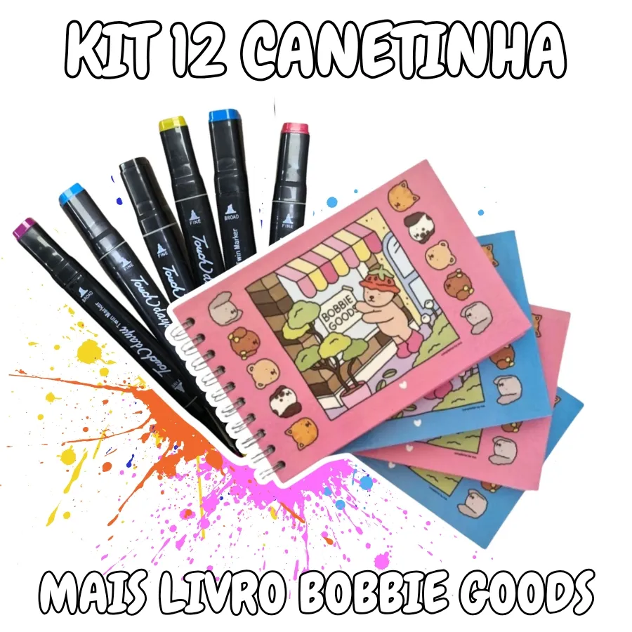 Kit 12 Canetinhas Com Livro De Colorir Capa Dura Marca Texto Duas Pontas